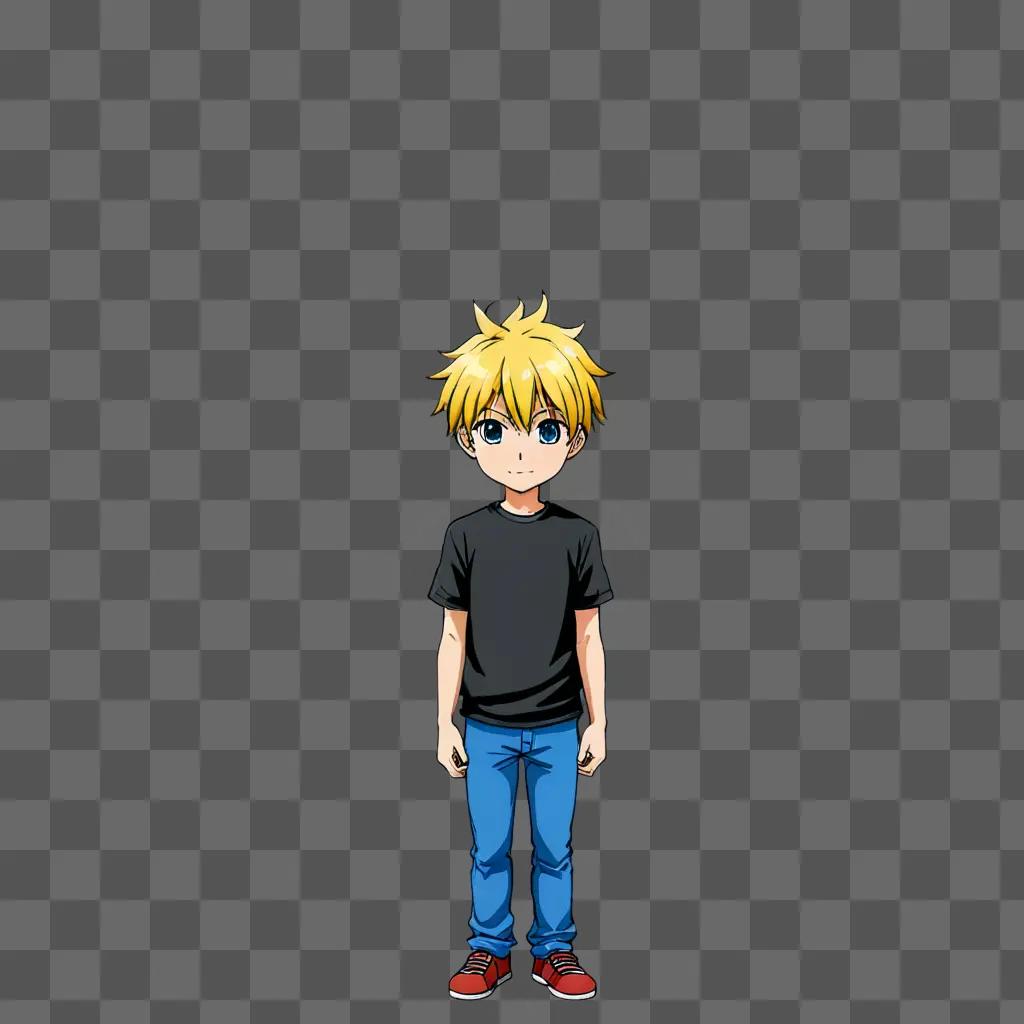 Blonde anime boy standing on a gray background