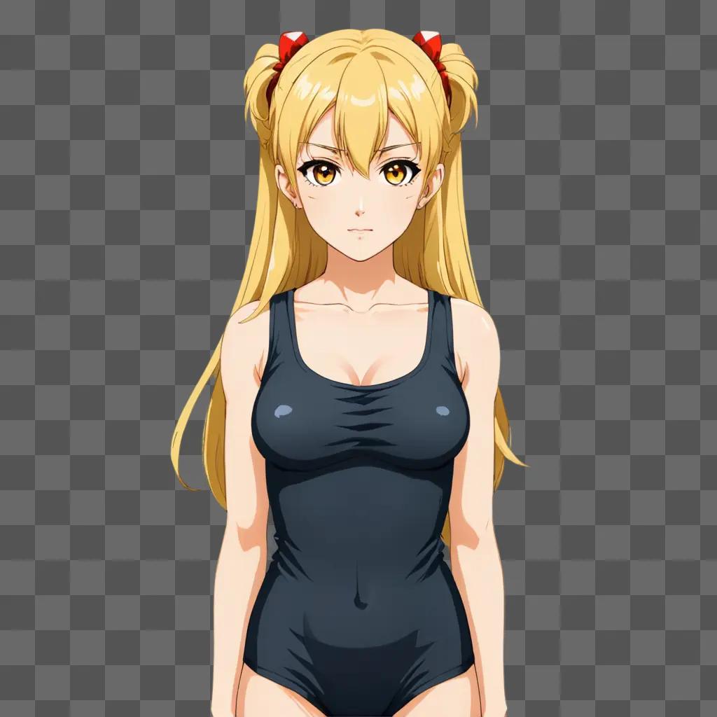 Blonde anime girl in black outfit posing for photo