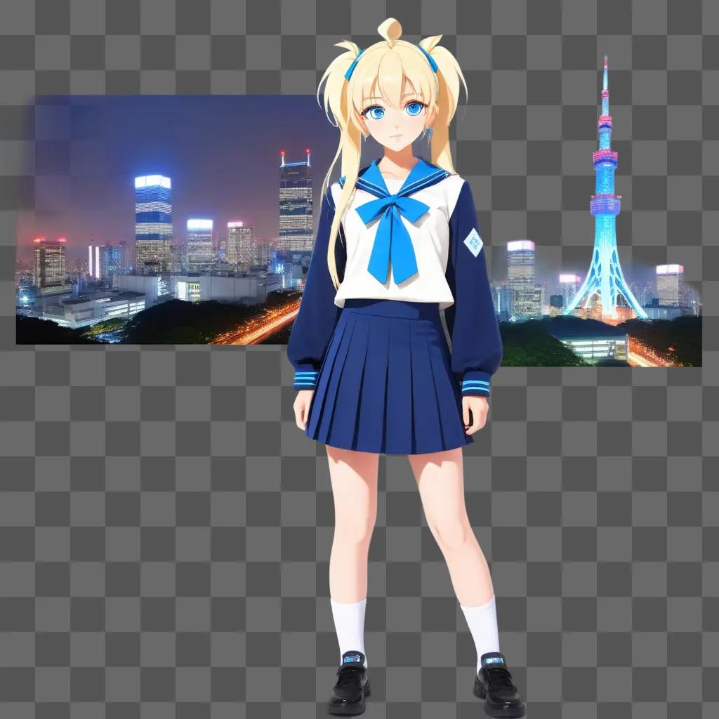 Blonde anime girl standing in front of a city skyline