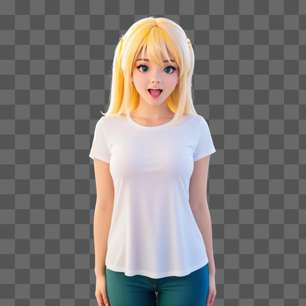 Blonde anime girl with surprised expression in white shirt