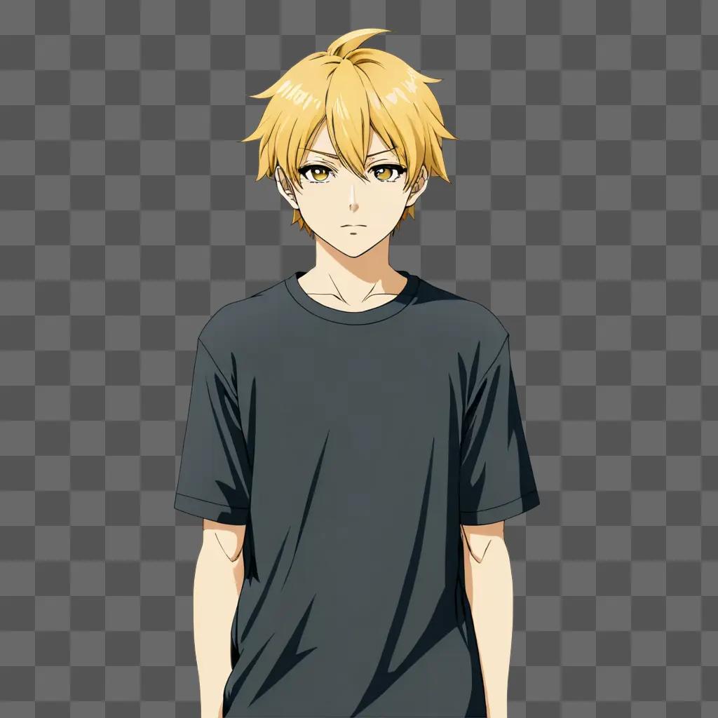 Blonde boy in black t-shirt in a gray background