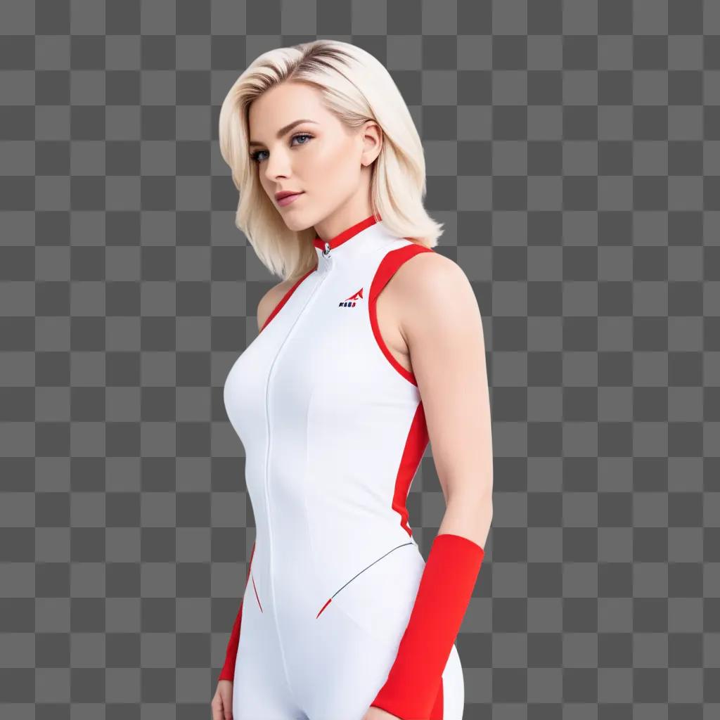 Blonde model in a white and red suit