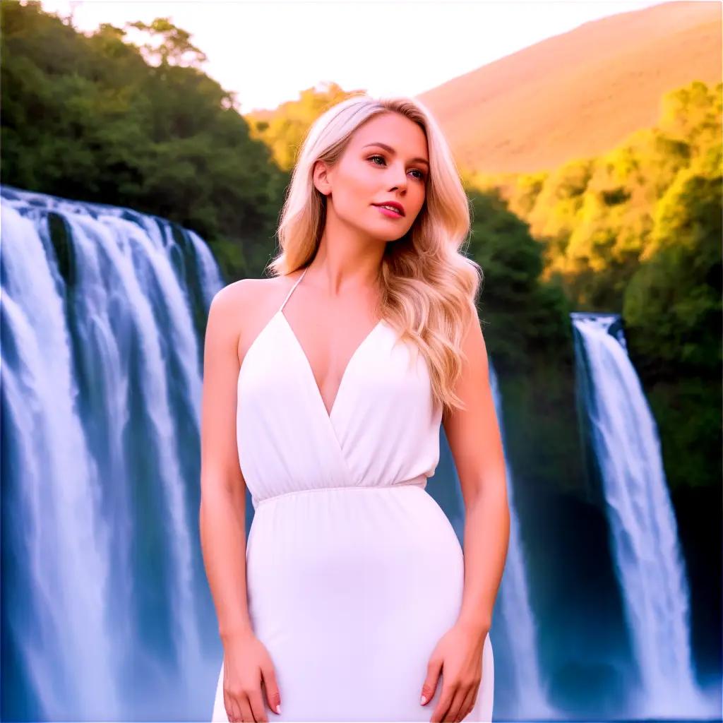 Blonde woman posing in front of waterfall