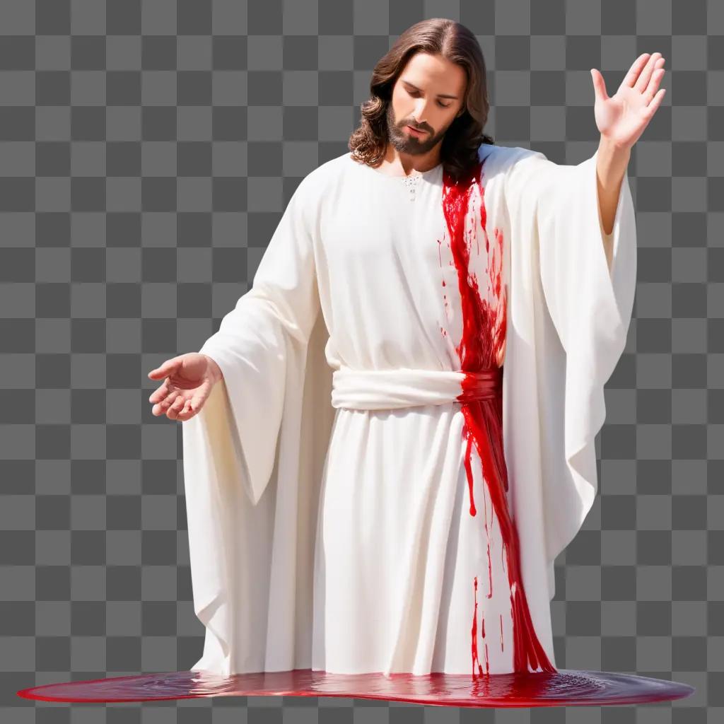 Blood drips from Jesuss hands as he stands in water