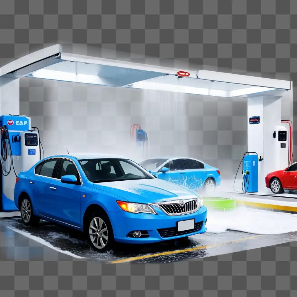 Blue car at a car wash, surrounded by white foam