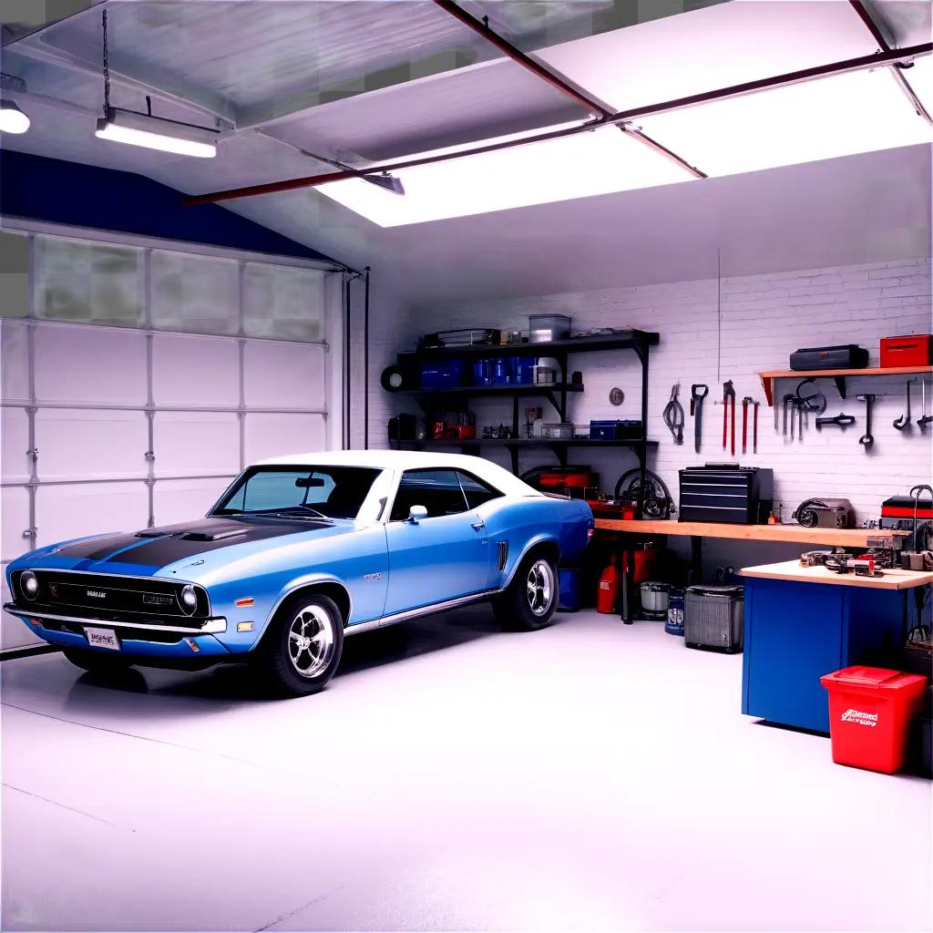 Blue car in garage with tools and parts on shelves