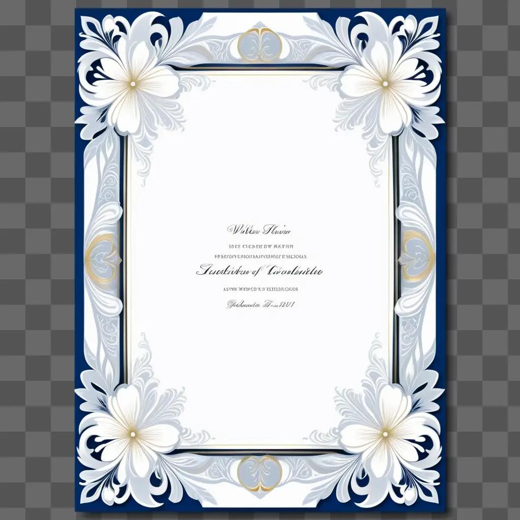 Blue invitation border with white flowers and gold trim