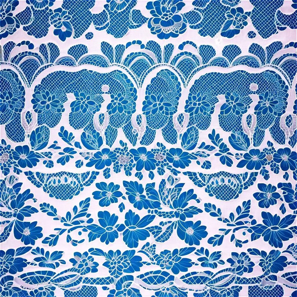 Blue lace texture with flowers and elephants