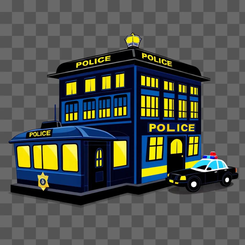 Blue police building with lighted police car