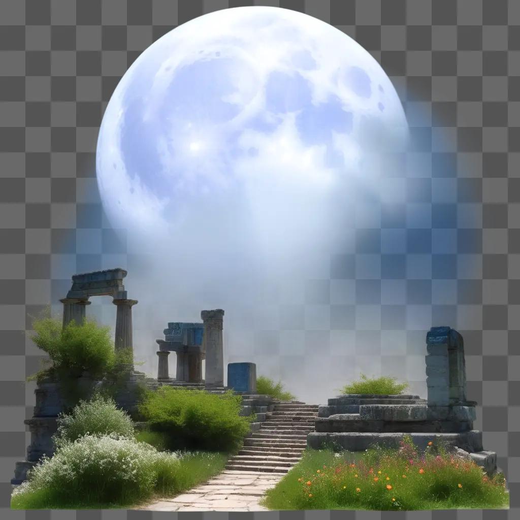 Bluemoon over ruins and flowers