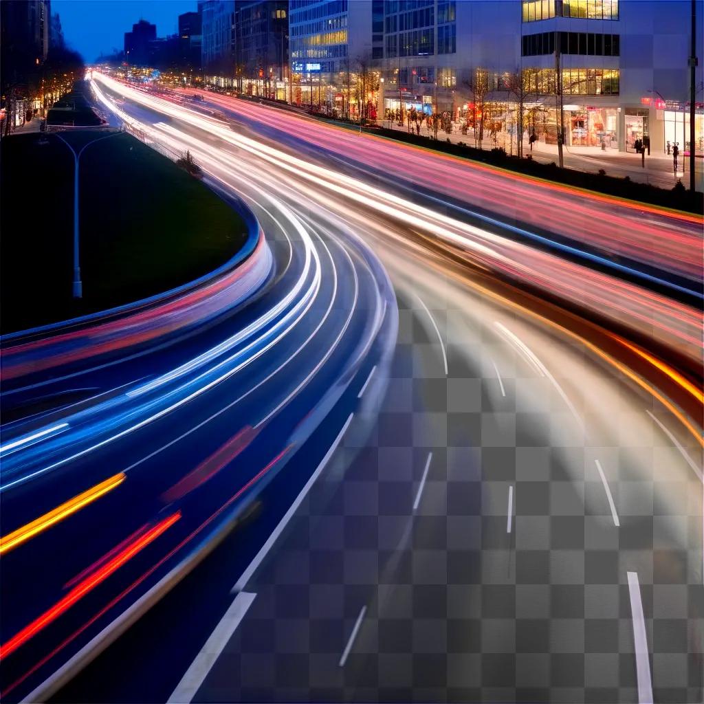 Blurry highway with multiple lanes and streetlights