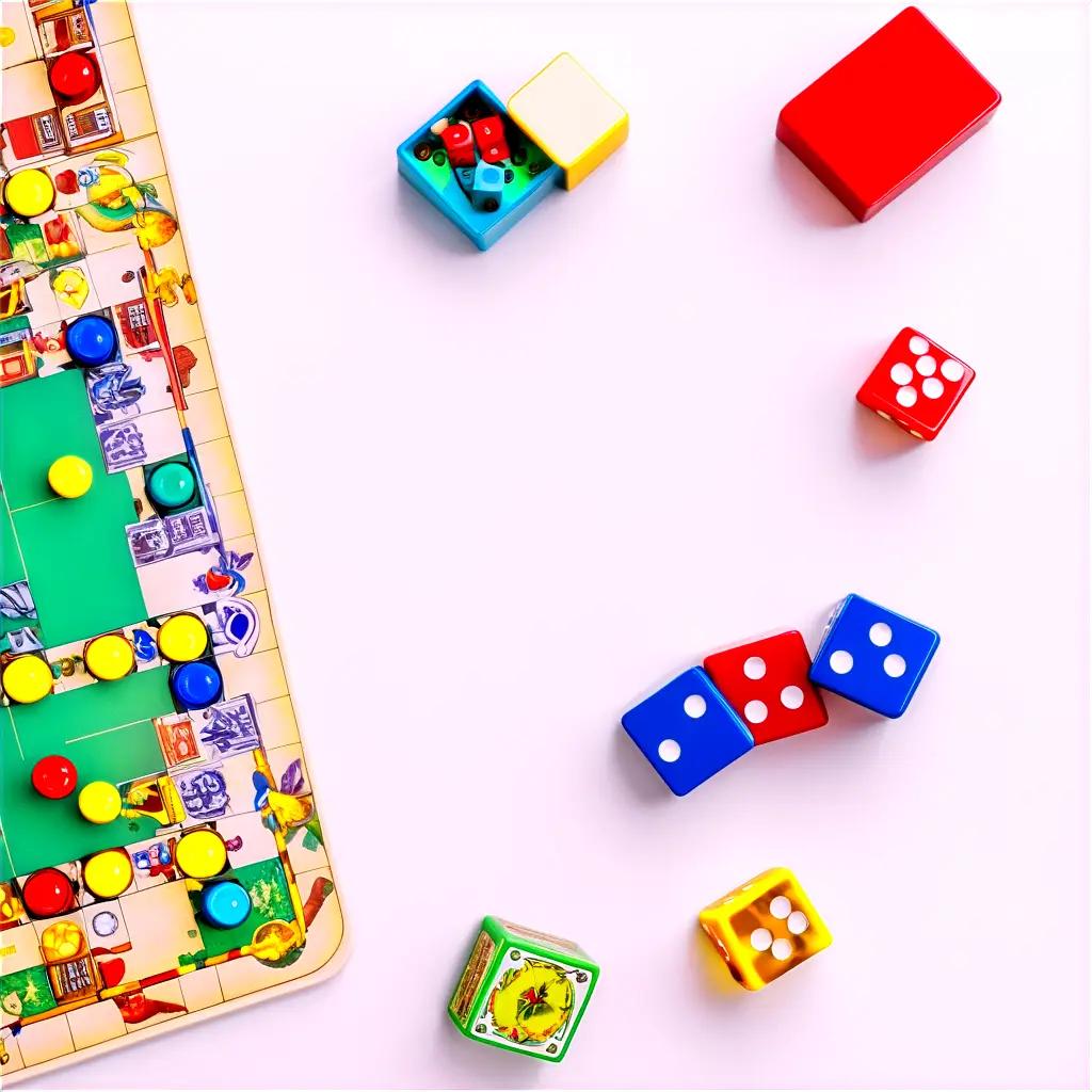 Board game with colorful dice on pink surface