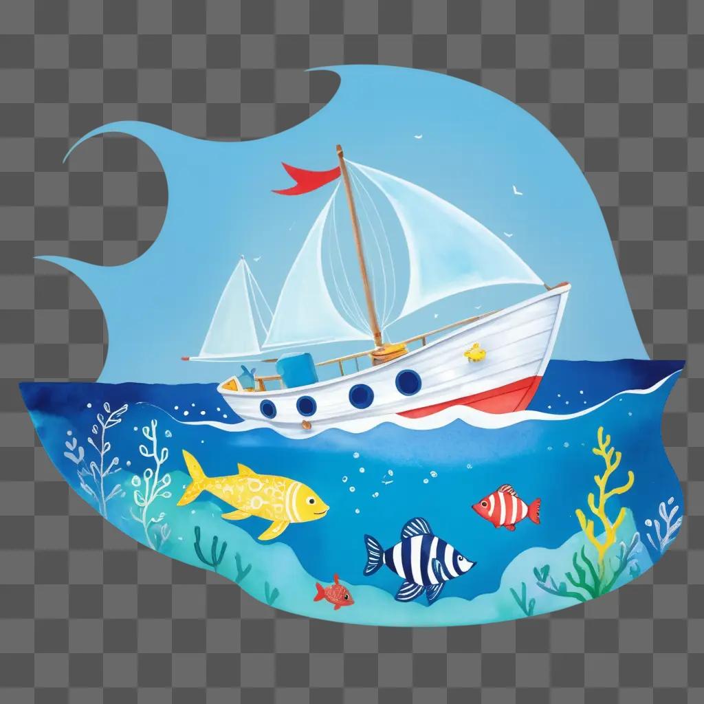 子供のためのボートの絵、カラフルな魚、海のシーン