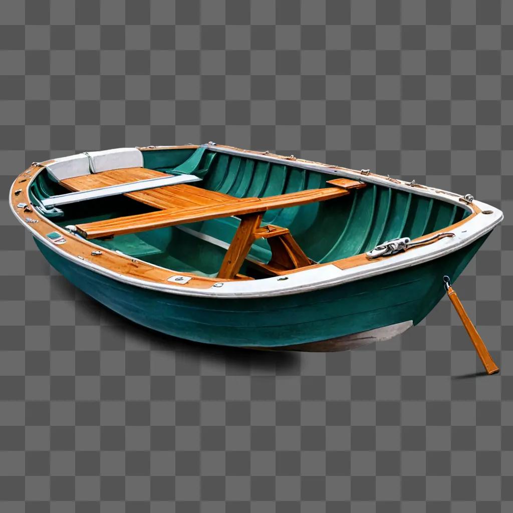 Boat drawing realistic with wooden seats and green roof