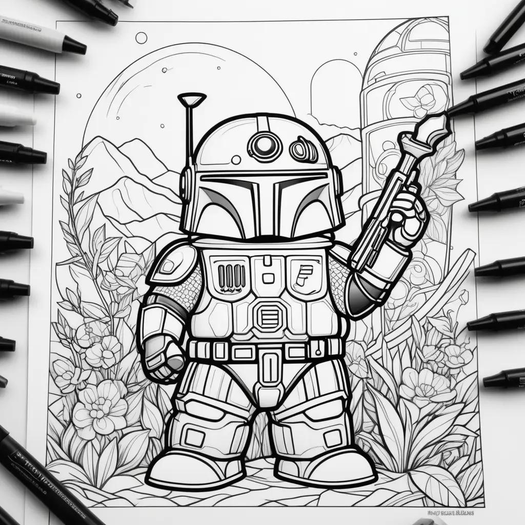 Boba Fett coloring page with a marker set nearby