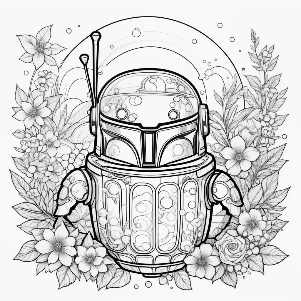 Boba Fett coloring page with floral background