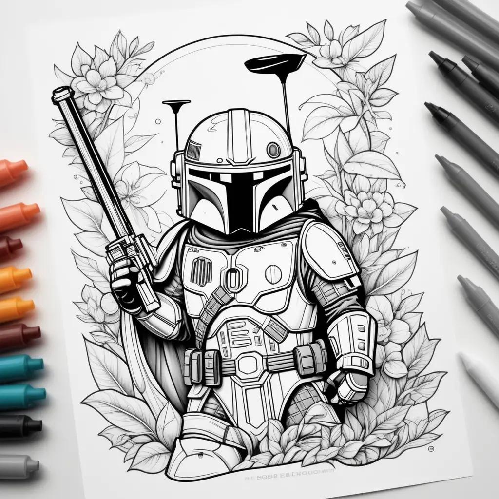 Boba Fett coloring pages: inked character with gun and flowers