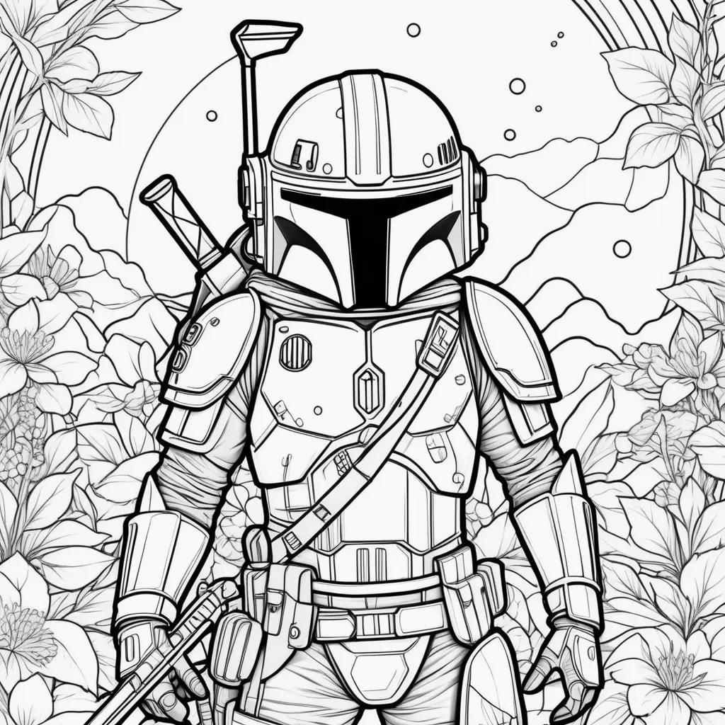 Boba Fett coloring pages: warrior, helmet, lightsaber, space