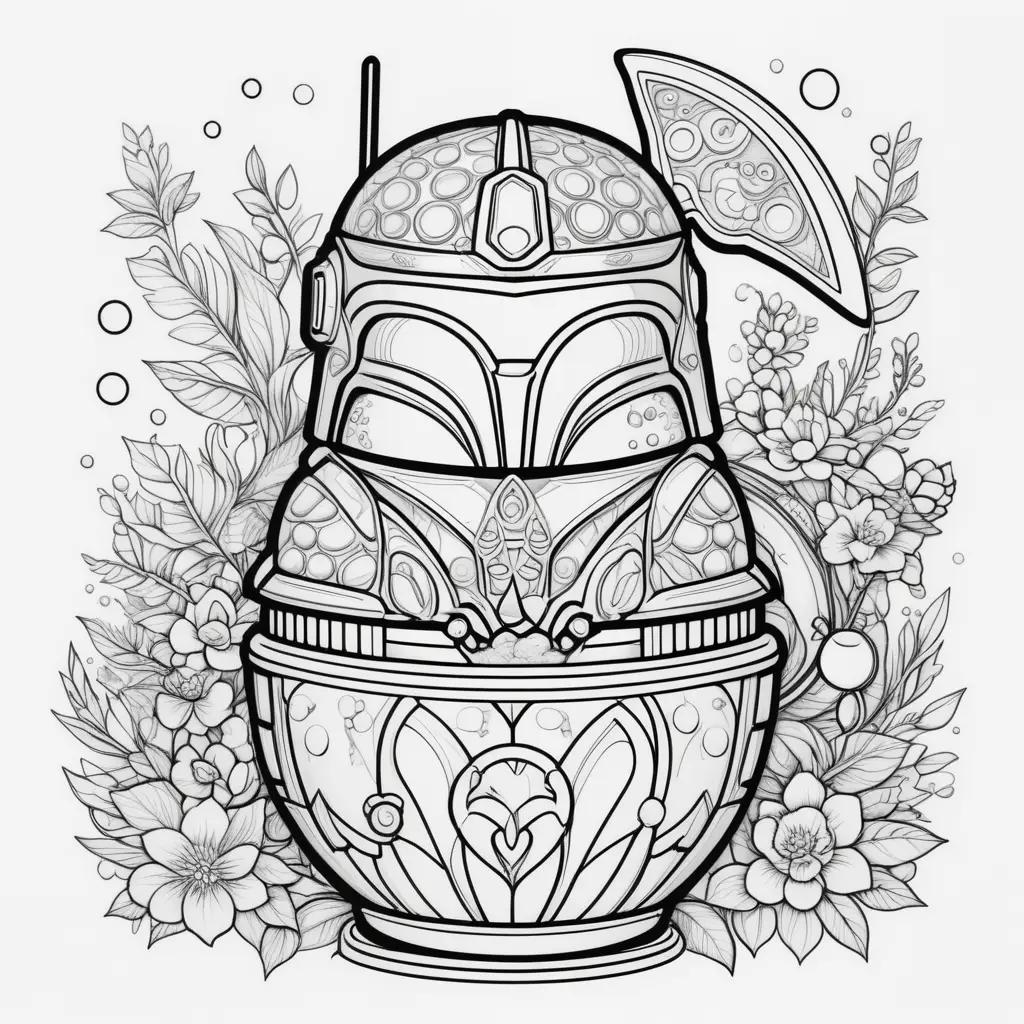 Boba Fett coloring pages featuring a helmet and flower arrangement