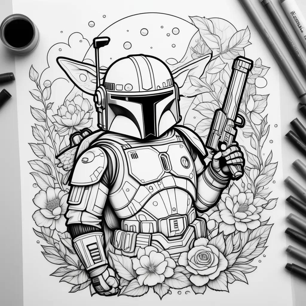 Boba Fett coloring pages with a flower design