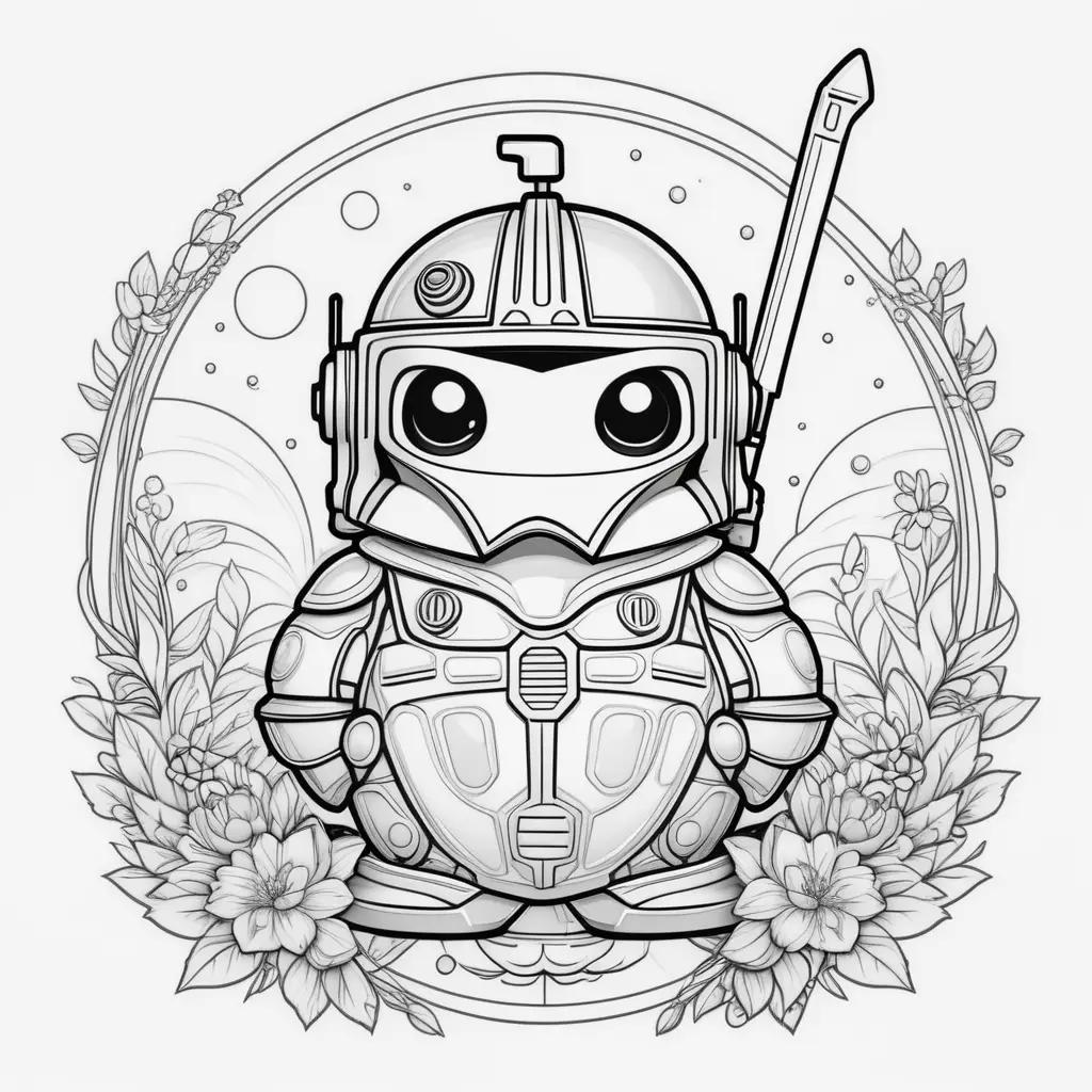 Boba coloring page featuring a cute robot with a floral background