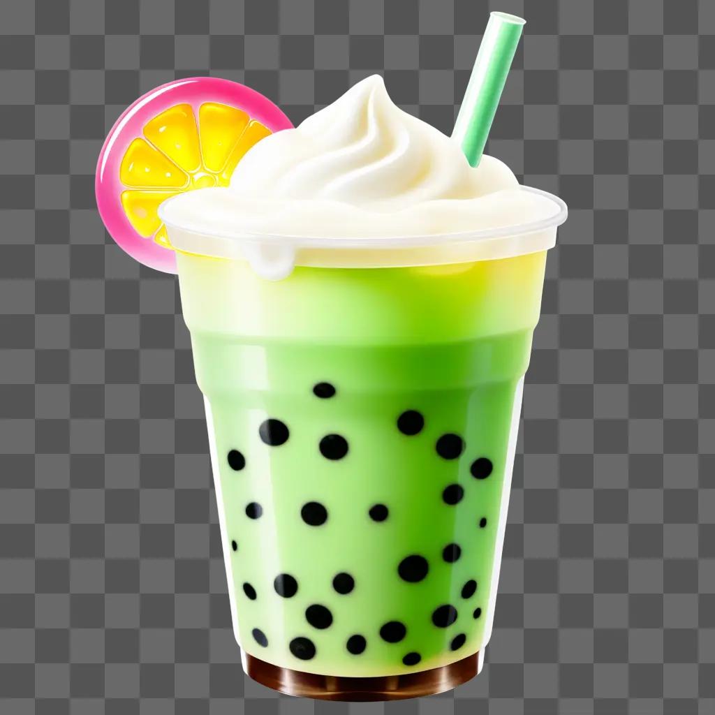 Boba tea with whipped cream and a slice of lemon