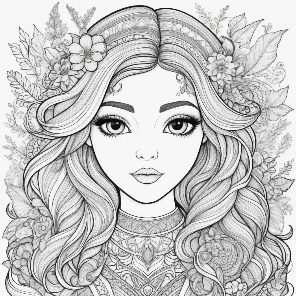 Bobbie Goods Coloring Pages Free: A unique coloring page featuring a young girl with long, curly hair, adorned with a headband and flowers, set against a floral background