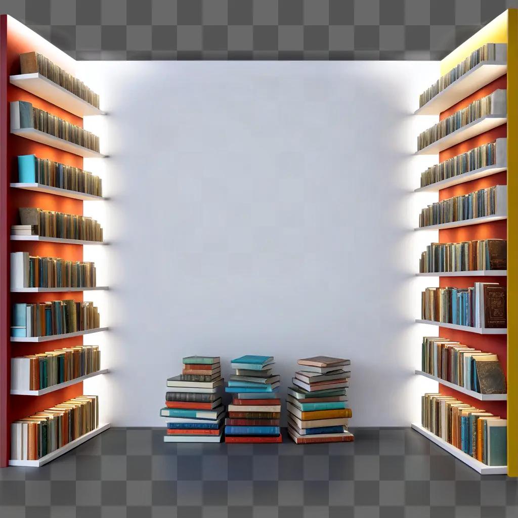 Book shelf with piled books in front of white wall