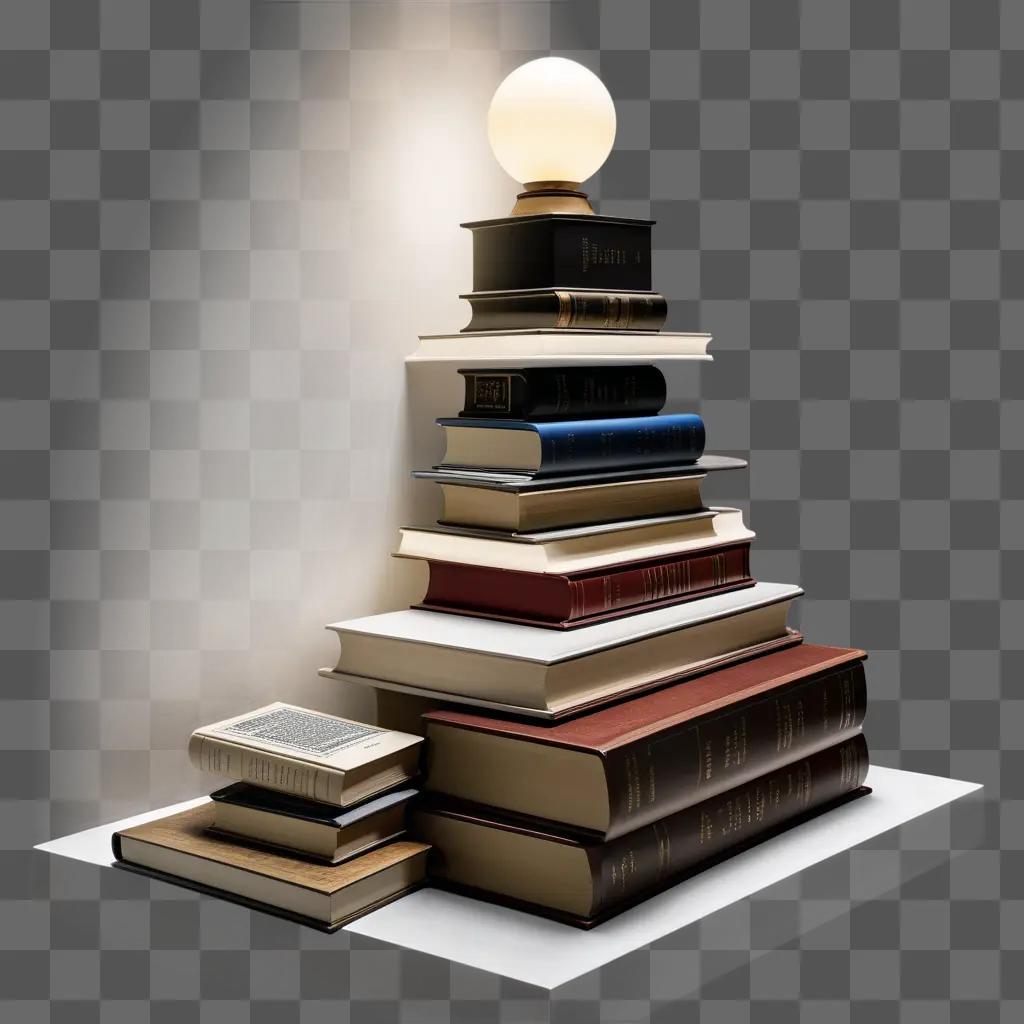 Book stack on shelf lit by light