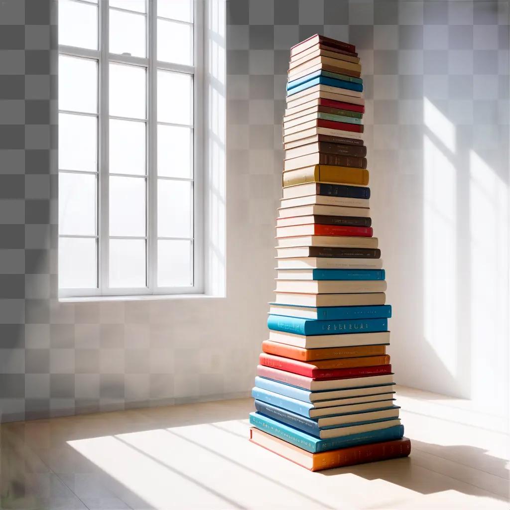 Book stack stands tall in sunlit room