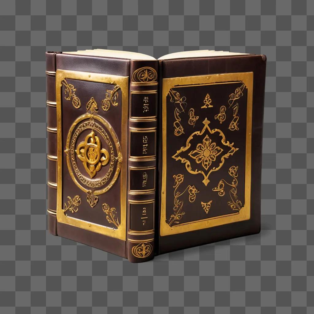 Book with gold accents on the cover, open and turned upside down