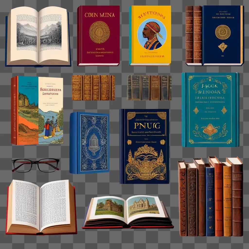 Books of various sizes in a row with a blue and yellow background