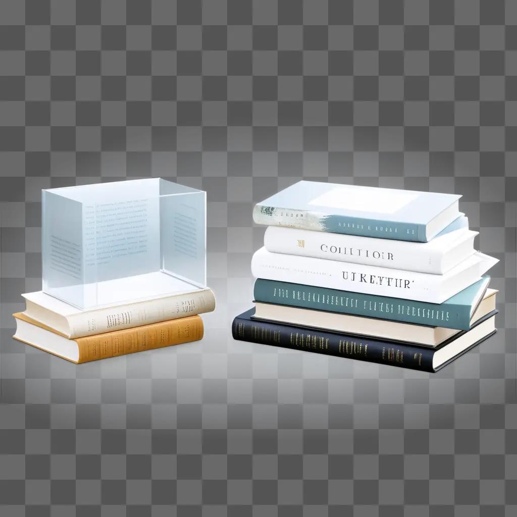 Books stacked on a table with a transparent box