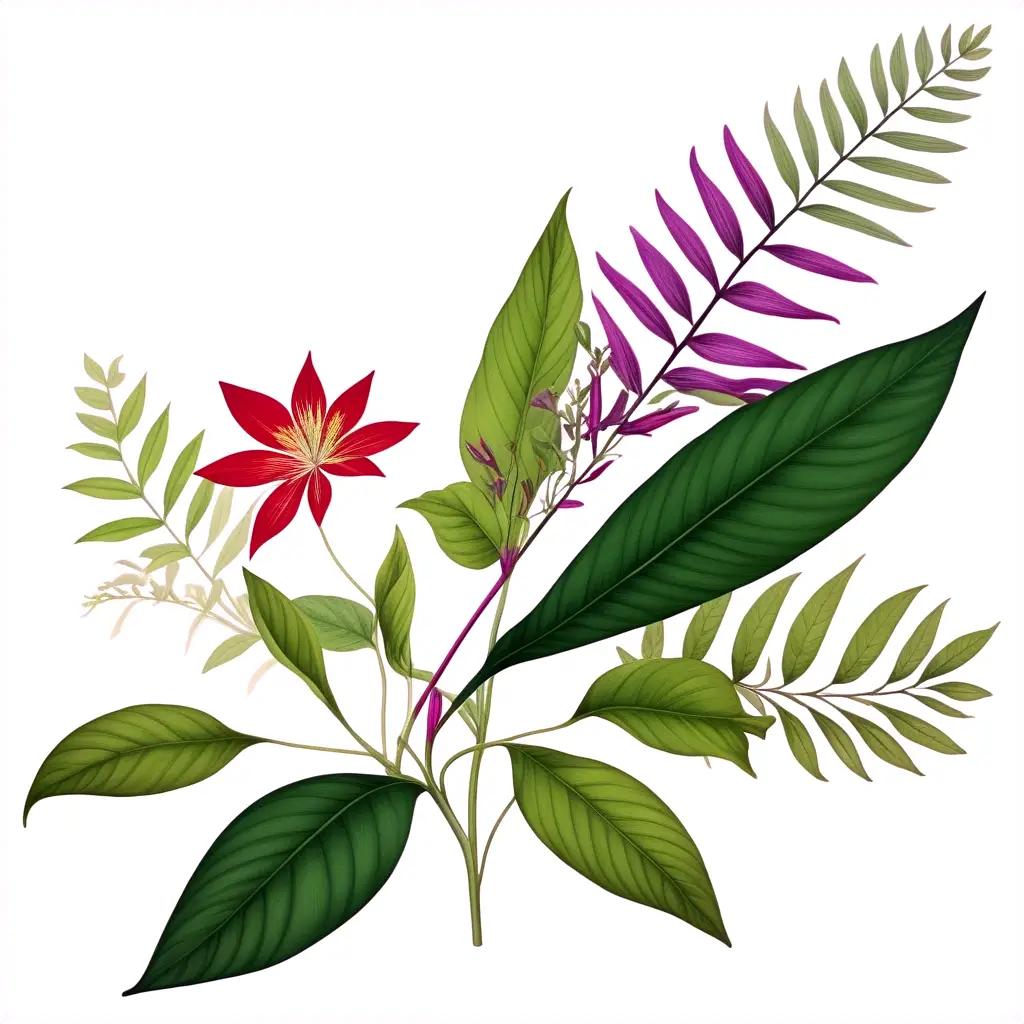 Botanical illustration of plant flowers and leaves