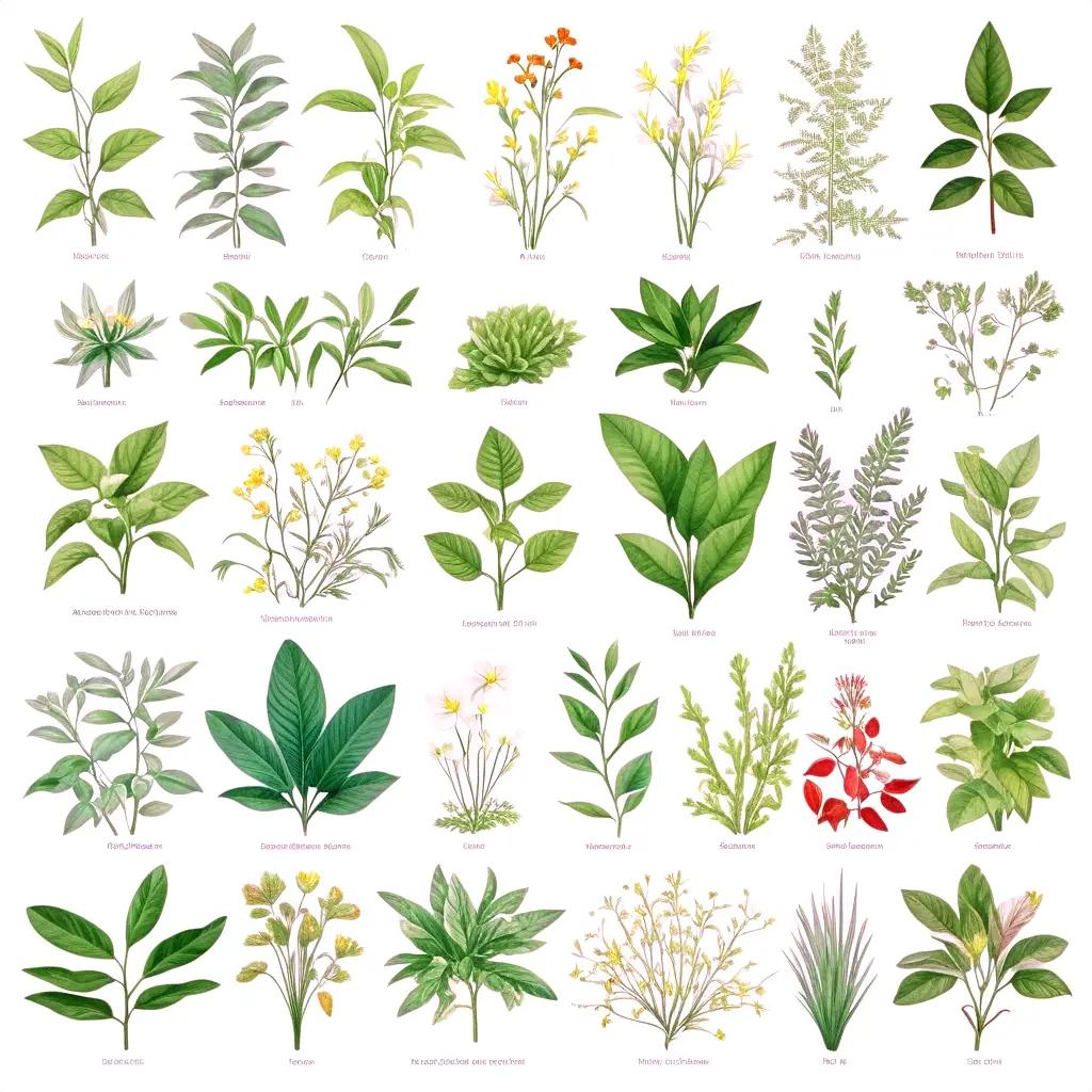 Botanical illustrations of various plant species