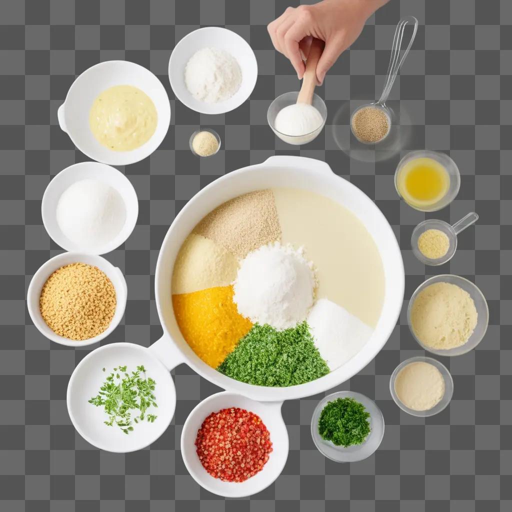 Bowl of ingredients for a meal with a person stirring