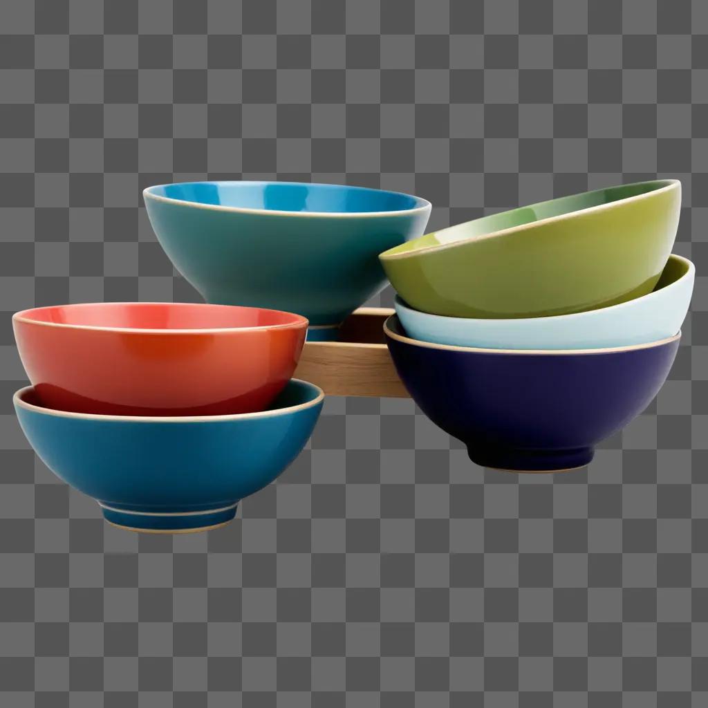 Bowls stacked on a wooden surface, with one in green and others in red and blue