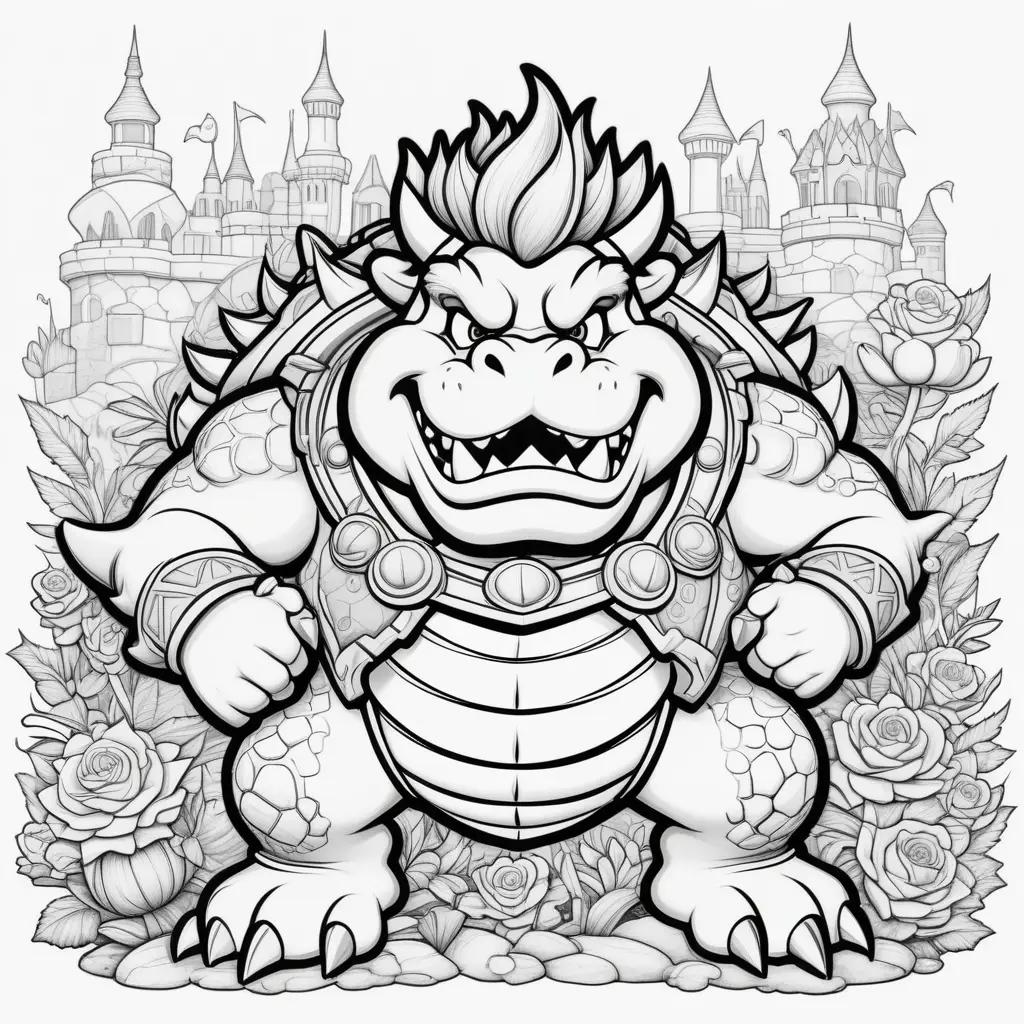 Bowser coloring page with a castle and roses