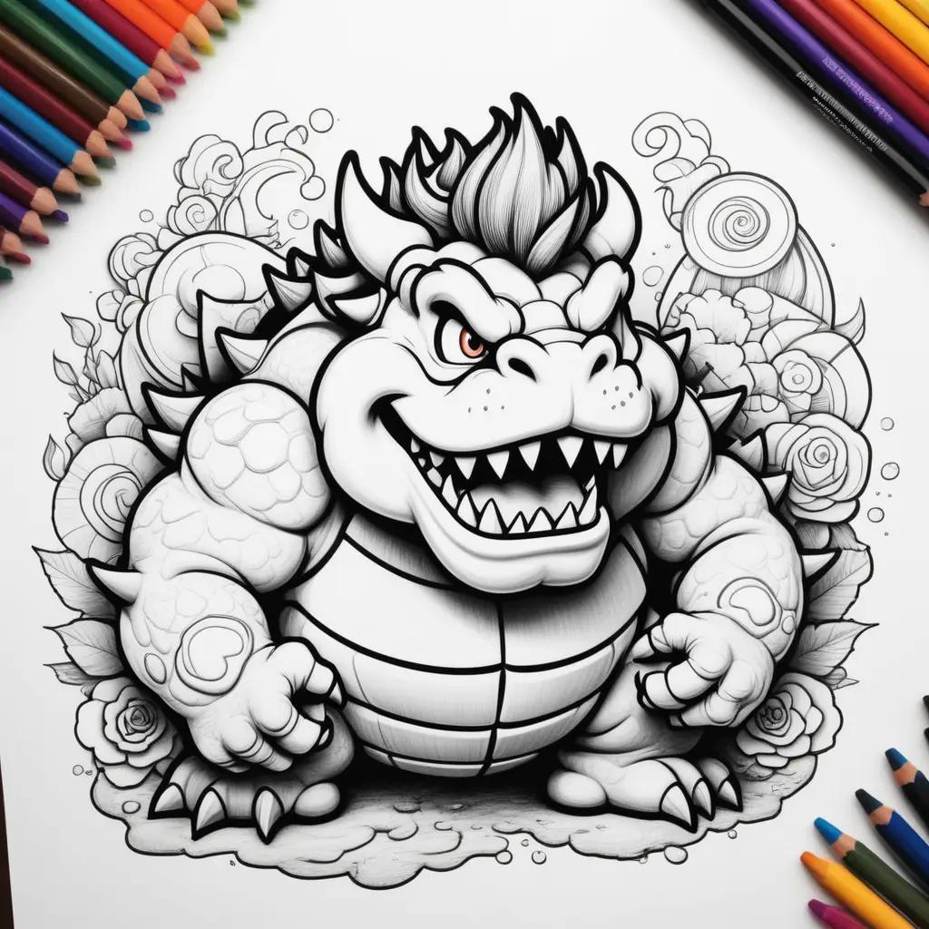 Bowser coloring page with flowers and crayons