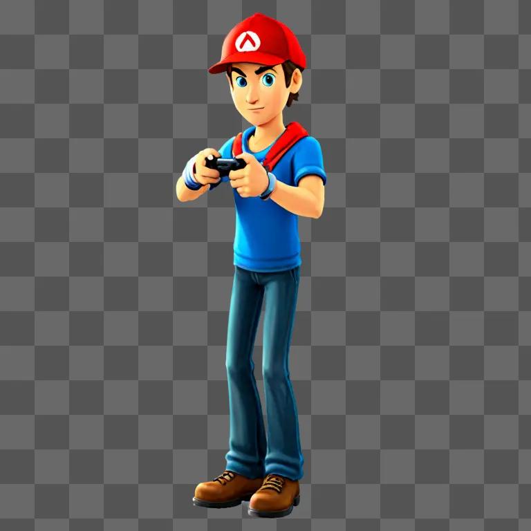 Boy in a blue shirt holding a video game controller