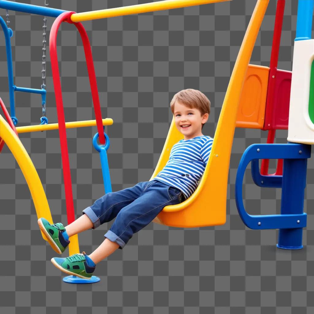 Boy in striped shirt slides on colorful playground equipment