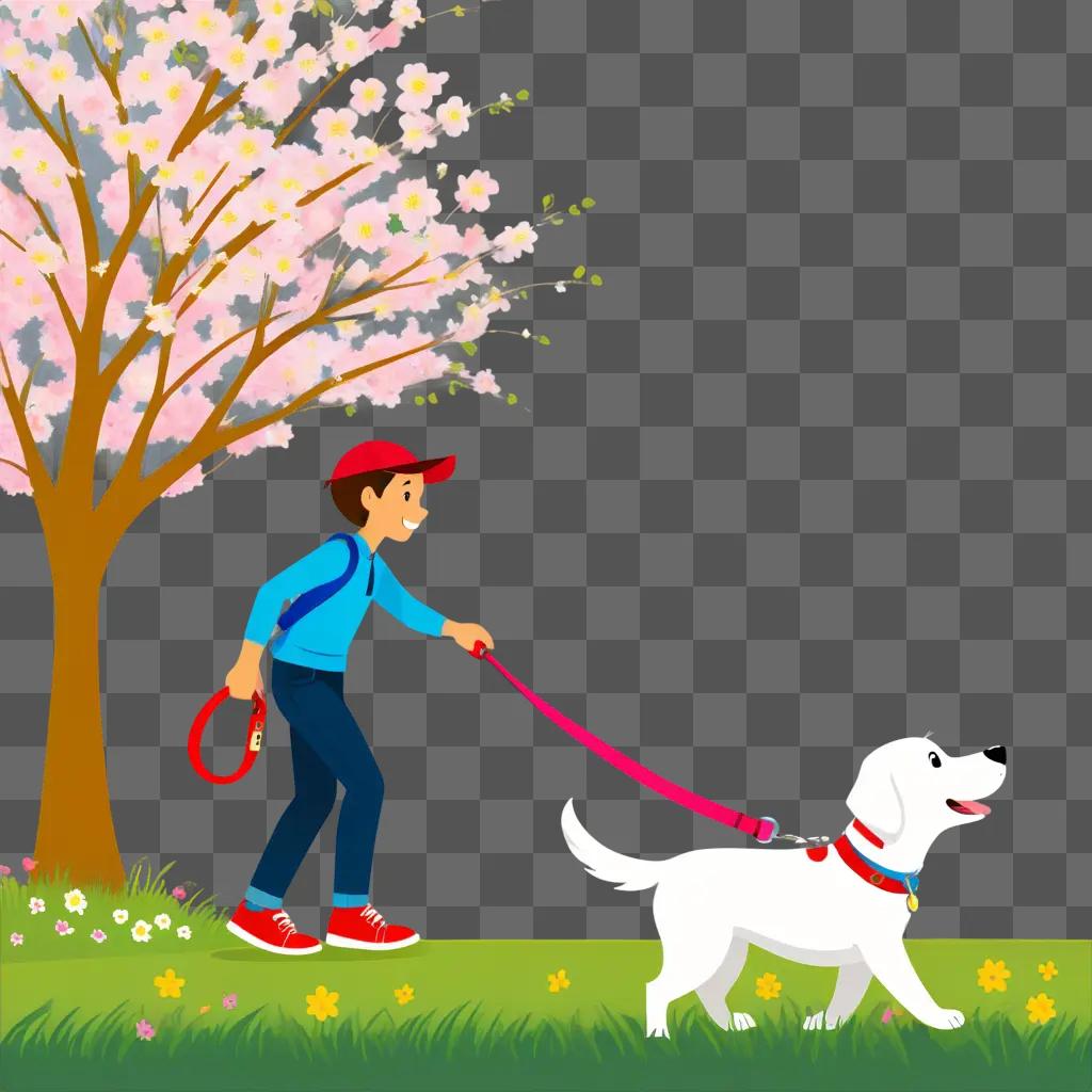 Boy walking dog on leash in a park