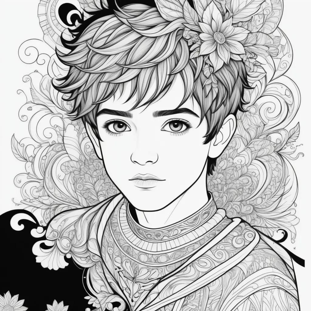 Boy with flower in hair on coloring pages