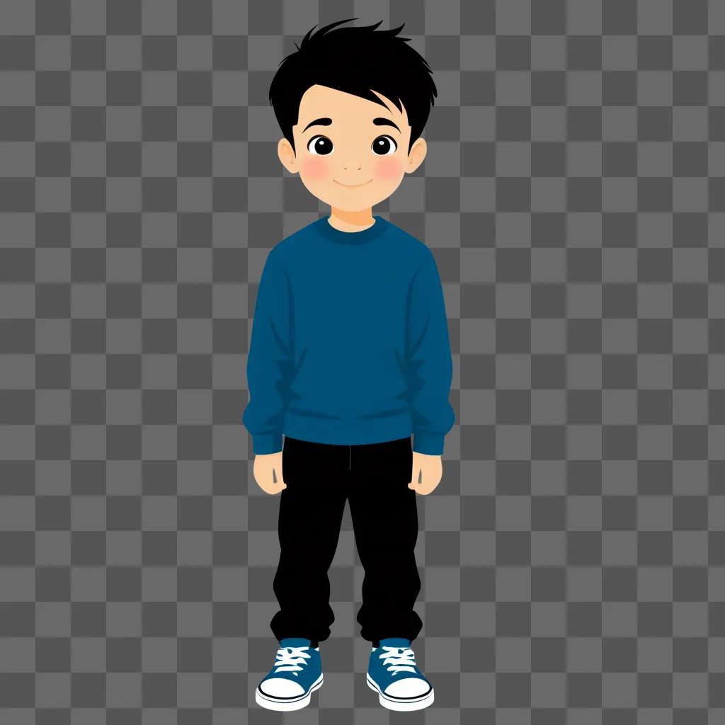 Boyish clipart: A young boy wearing a blue shirt and black pants standing in a dark room