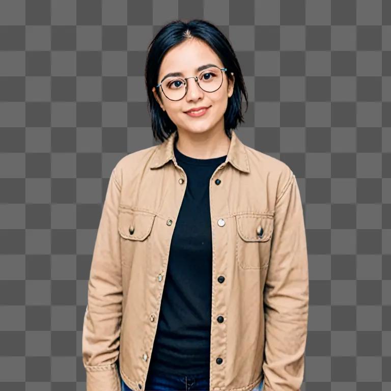 Boyish girl in a khaki jacket with glasses