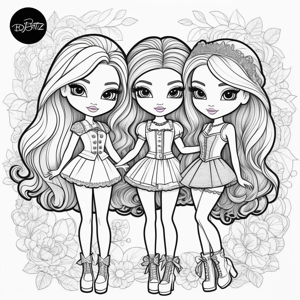 Bratz Coloring Pages: Black and White Drawing of Three Girls