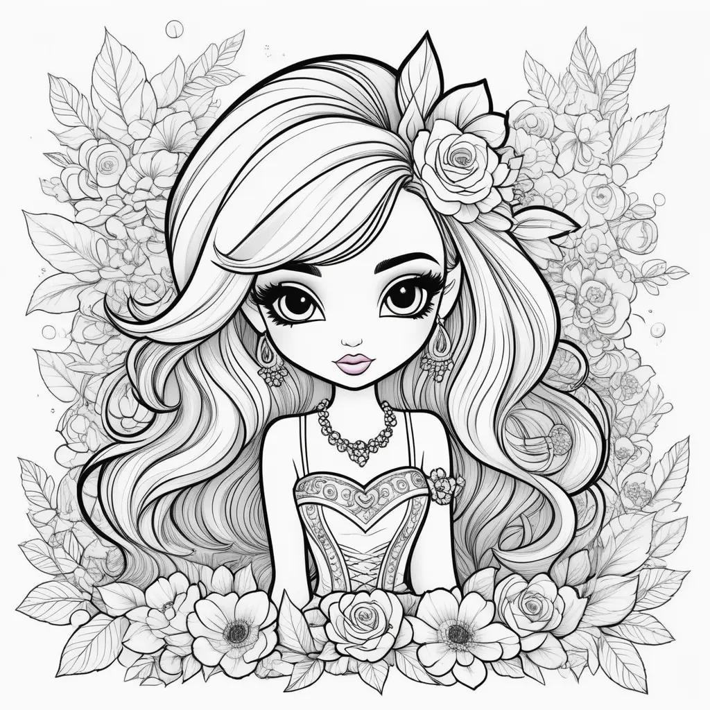 Bratz color pages: an artistic drawing featuring a girl with a necklace and flowers in a floral background