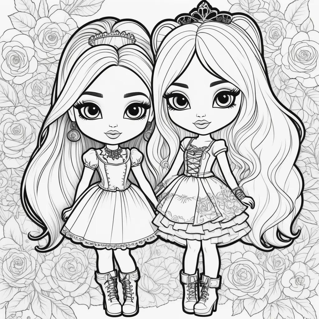 Bratz coloring pages with black and white drawings of dolls