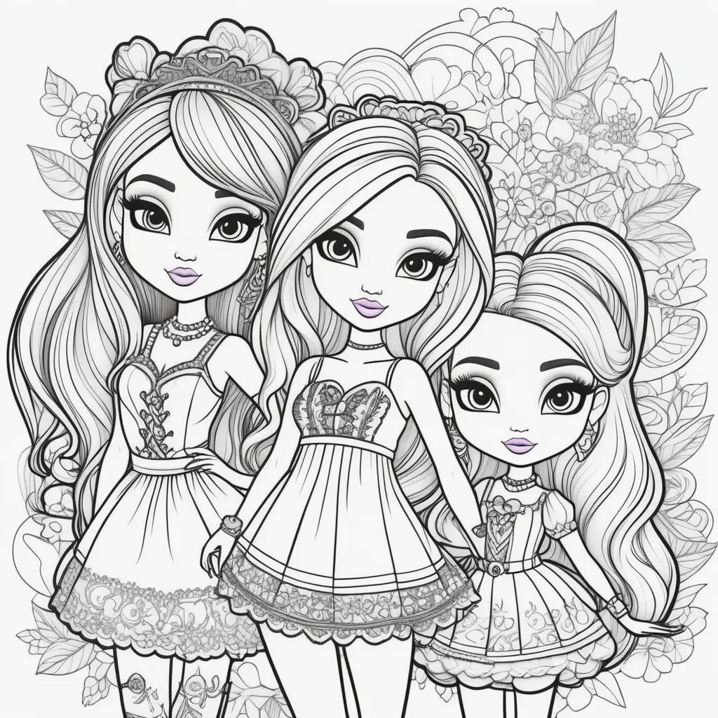 Bratz coloring pages with princesses, crowns, and dresses