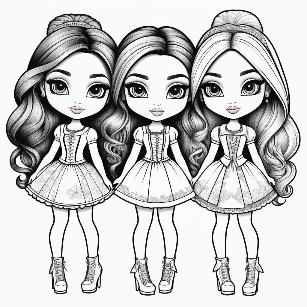 Bratz dolls coloring pages: three girls in dresses